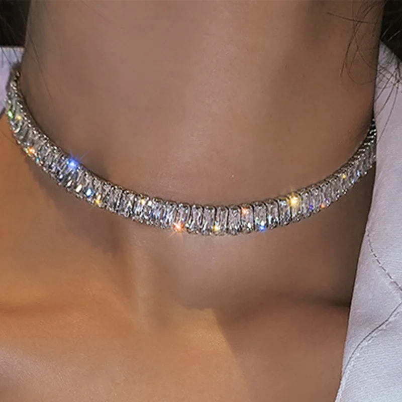Nehrdzavejúca oceľ lesklý zirkónový náhrdelník pre ženy Dievčatá Jednoduché nastaviteľné kamienky goliere Choker náhrdelník s jemnými šperkami darčeky