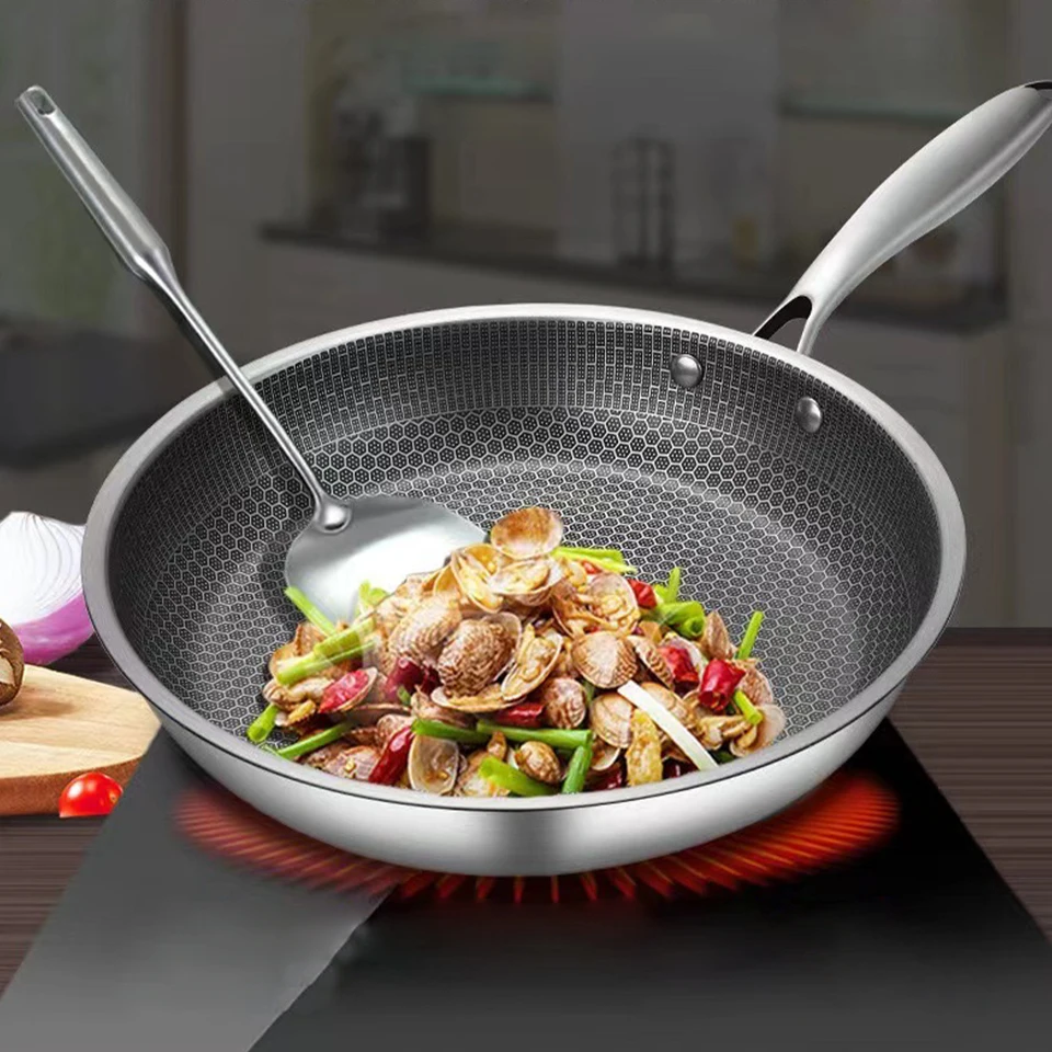 Nehrdzavejúca oceľ Wok Non Stick Honeycomb obojstranná švihová panvica Nepreckový kuchár
