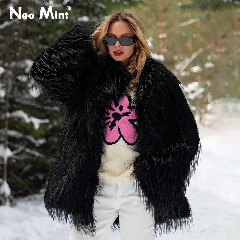 Neo Mint 2024 Zimná chlpatá faux kožušina dlhé ženy Long Women Luxury Značka Stročná fluffy kožušina bunda Žena Streetwear Super Warm Overcoat