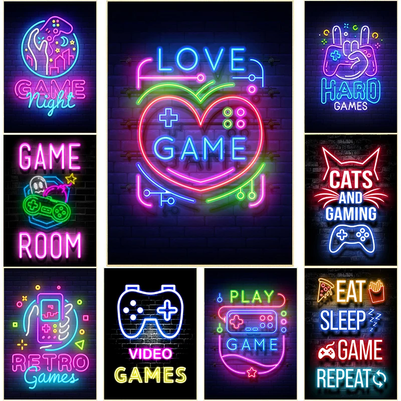 Neon Art Cats a Gaming Retro Games Gamepad Canvas Painting herná izba nástenné umenie pre modernú obývaciu izbu domáca dekorácia