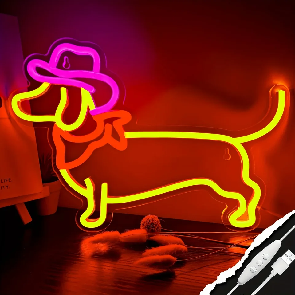 Neon Sign Dog pre stenu, roztomilé šteniatko s kovbojským klobúkom pre domáce zvieratá Spálňa Domáca večierok Decor Dort, darček pre milovníka psov