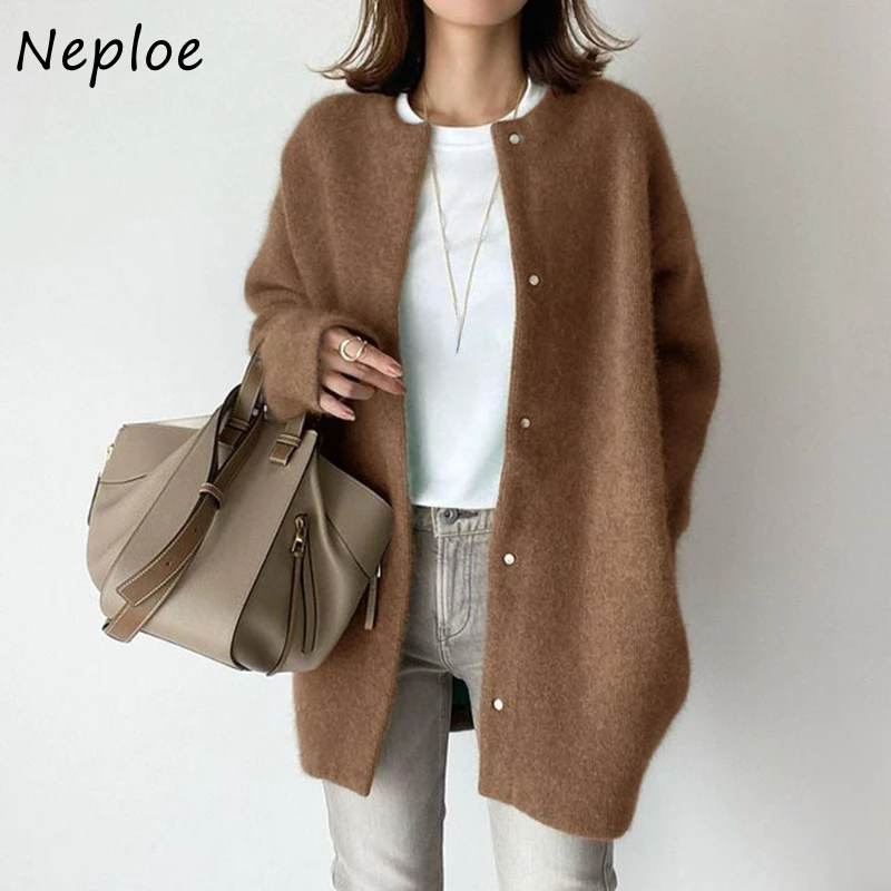 Neploe Autumn New Single Breased Mardigans Mujer Vintage O-Neck Pleted Wardigan Y2K dlhý rukáv voľný vlnený kabát Ženy