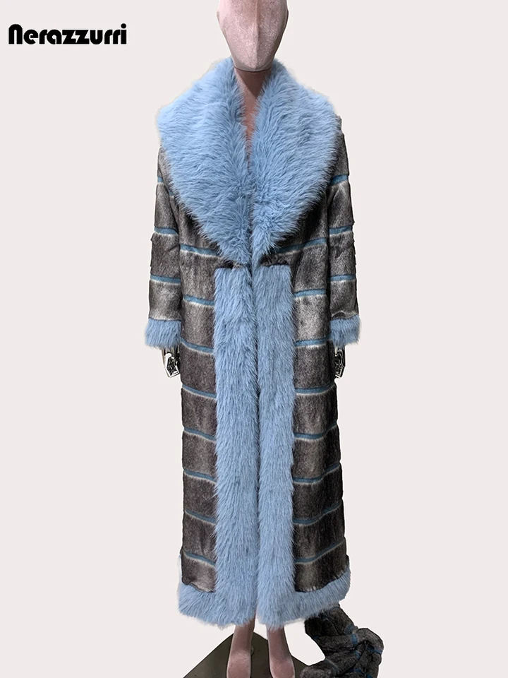 Nerazzurri Winter Maxi Hustý nadýchaný teplý faux kožušina Ženy s falošným lemom Fox Fur sashes Elegantné luxusné chlpaté kabáty 2025