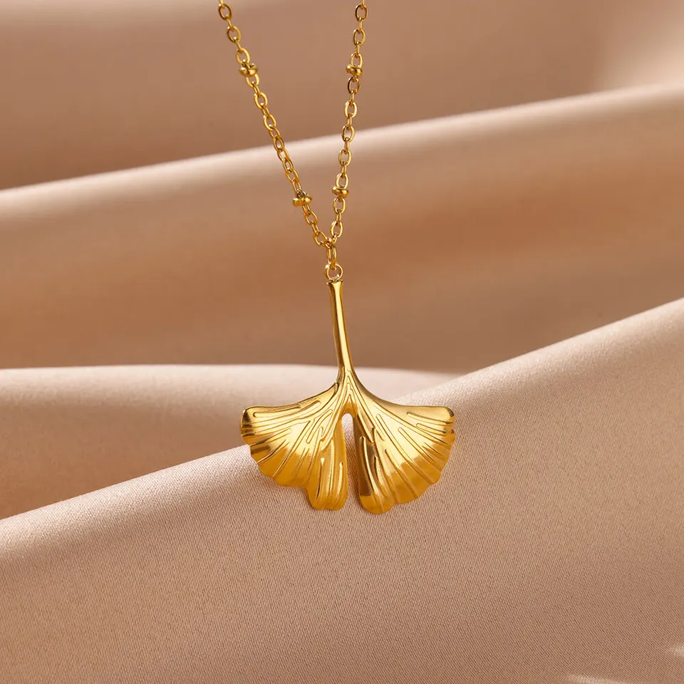 Nerezová oceľ Ginkgo Biloba Leaf Leaf Náhrdelník pre ženy pre ženy Men Zlatý farebný náhrdelník Nám
