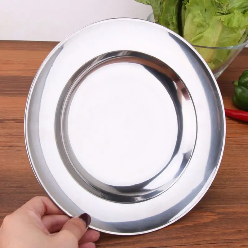 Nerezová oceľ okrúhla tanier Disk misky podnos potravín Outdoor kemping piknikový riad 16-24 cm kvapka