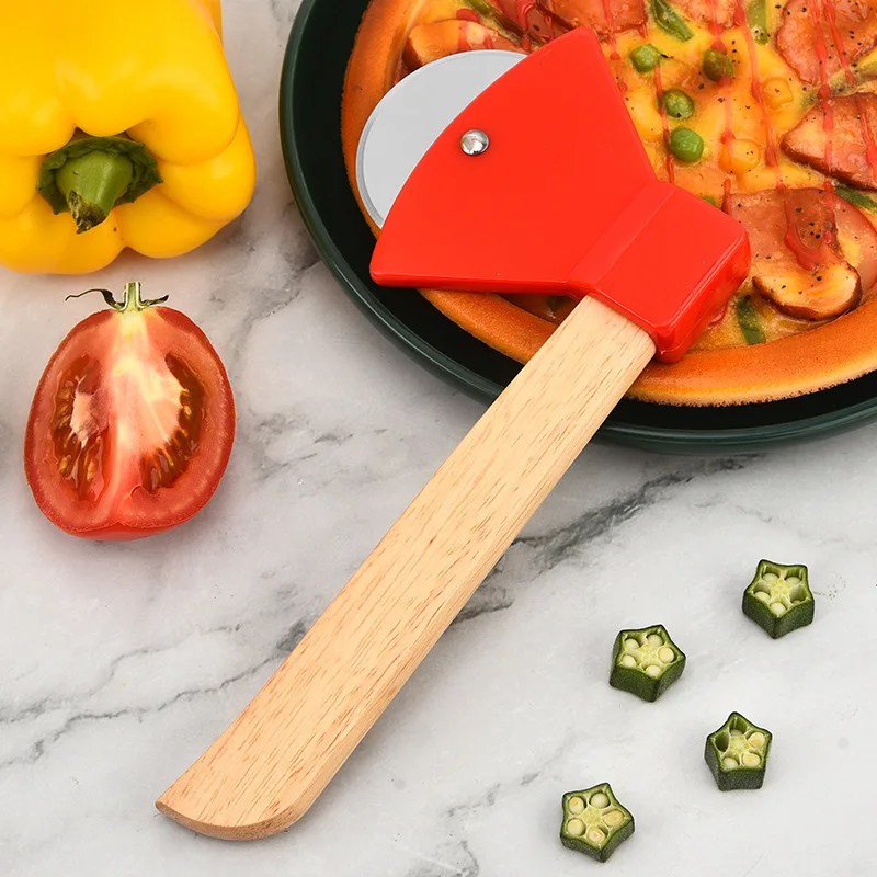Nerezová oceľ sekera Pizza Cutter Drevená rukoväť na pečenie Nástroj s jedným kolieskom Cutter1pc