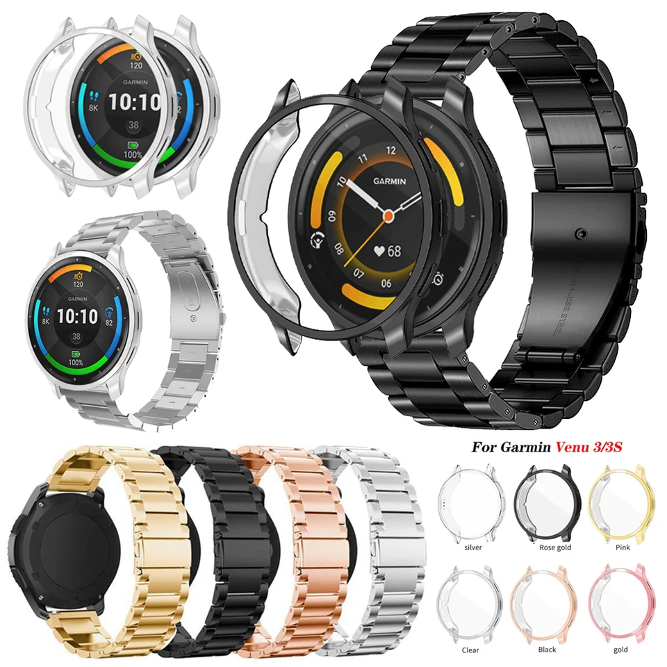 Nerezová oceľový popruh TPU Case Cover Band Cover pre Garmin Venu 3 3s 2s VivoActive 4 4S Screol Chráni náramku náramku zápästia zápästia