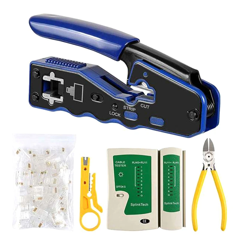 Network Lan Cable Tester RJ45 Crimp Tool Pass cez modulárny CAT6 CAT5E CAT5 CRIMPING Kit 50ks cez konektory