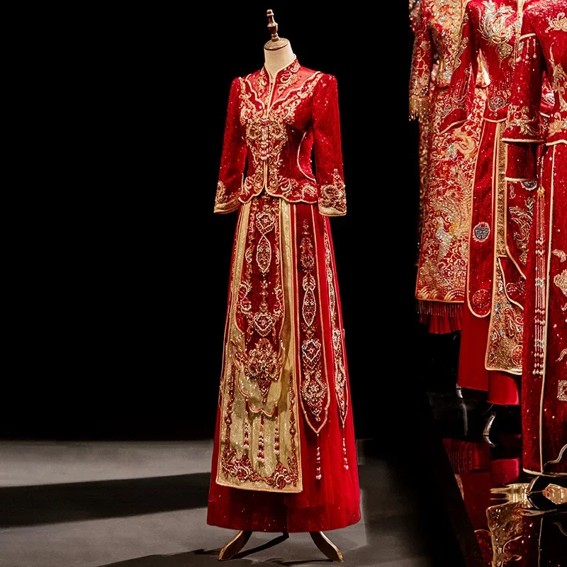 Nevesta iskrivo vynikajúce flitre korálkové svadobné šaty Vysoko kvalitné výšivky si vezmi qipao retro čínske šaty cheongsam