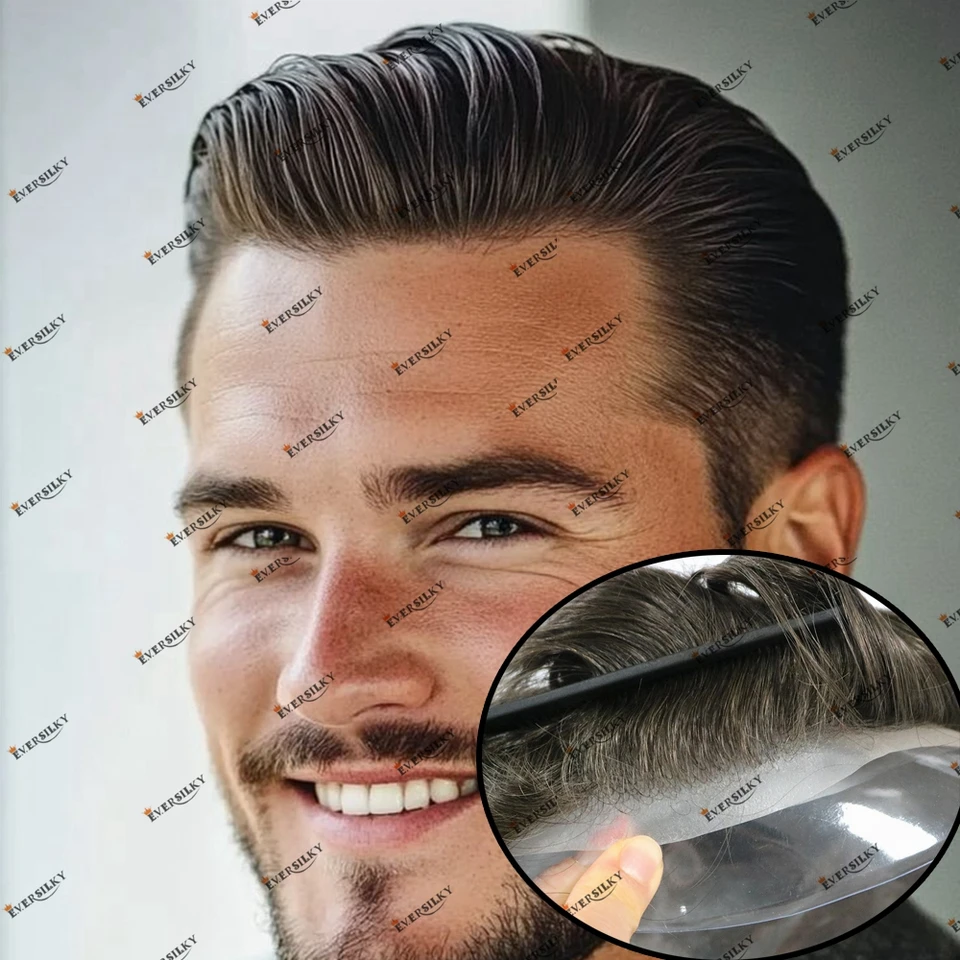 Neviditeľná prírodná vlasová línia odolná 0,06 mm vlooped Human Hair Pánske toupee čierna hnedá šedá blond blondínka Mužská protéza vlasov parochňa
