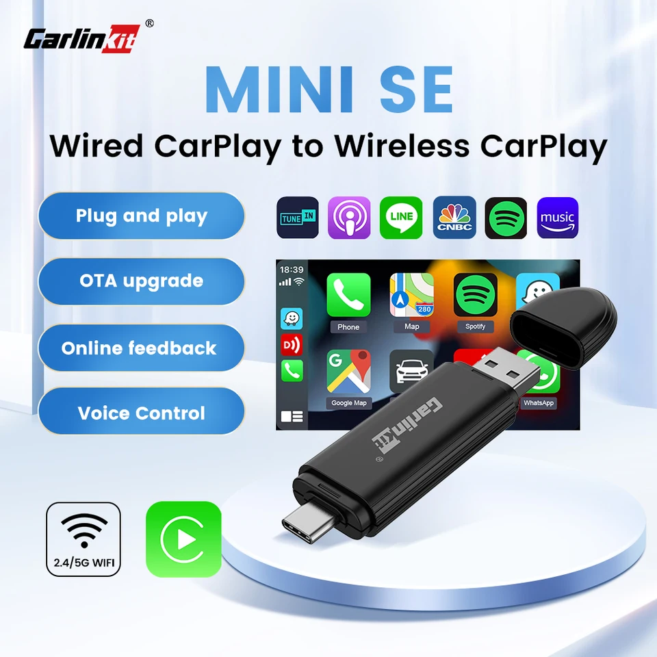 New Carlinkit Wireless CarPlay Adapter Smart Mini Box Plug a prehrajte rýchle pripojenie OTA upgrade 5GHz WiFi pre OEM Wired CarPlay