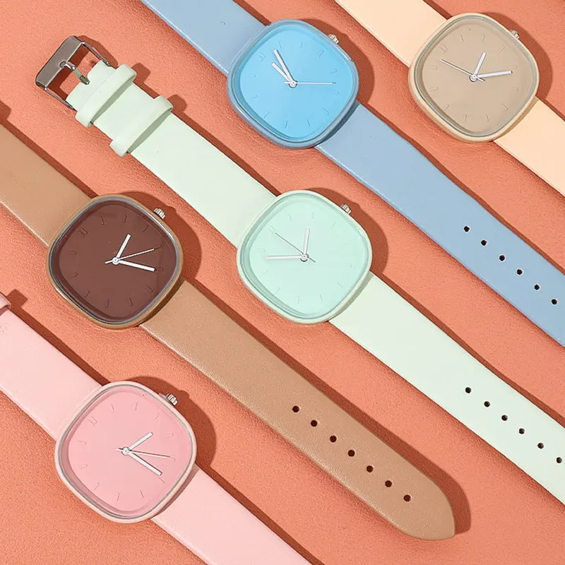 New Case Simple Square Watch Dámske kremenné kožené remienok módne remienok náramky dámske macaron ženské vodotesné hodiny