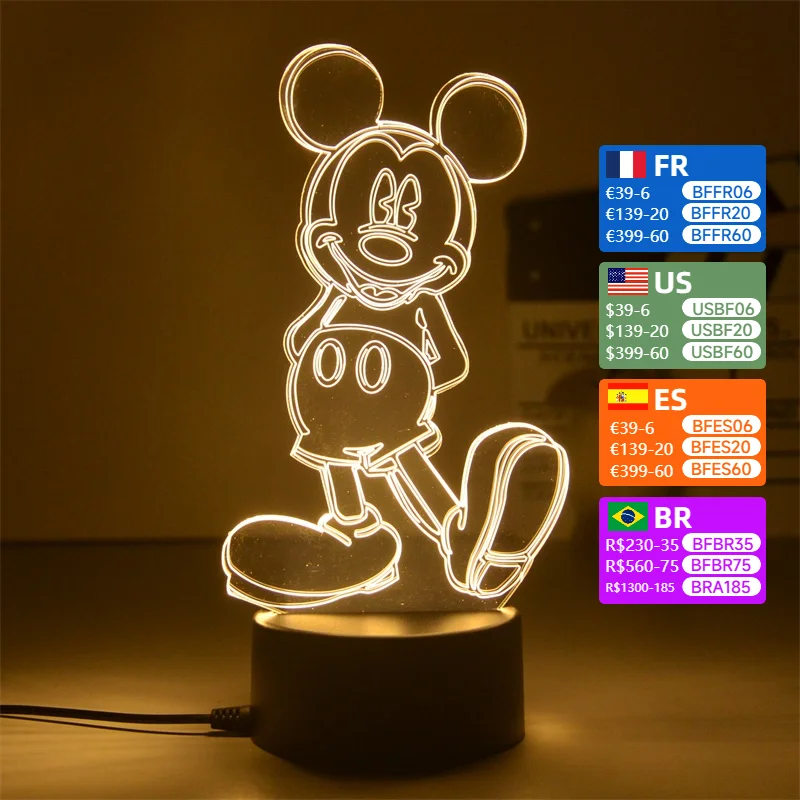 New Disney Mickey Mouse Anime LED nočné svetlo modely hračky anime figurína 3D lampa detská izba dekorácie narodeniny a vianočný darček