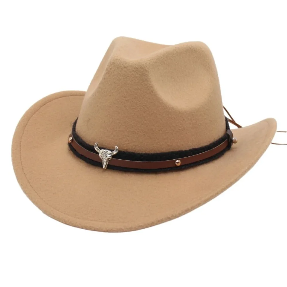 New Felt Western Cowboy Hat Roll Brim Etnicko -štýl Cowgirl Cap s kravou kapelou Ox Head Belt Tibetan Style Top Hat Men