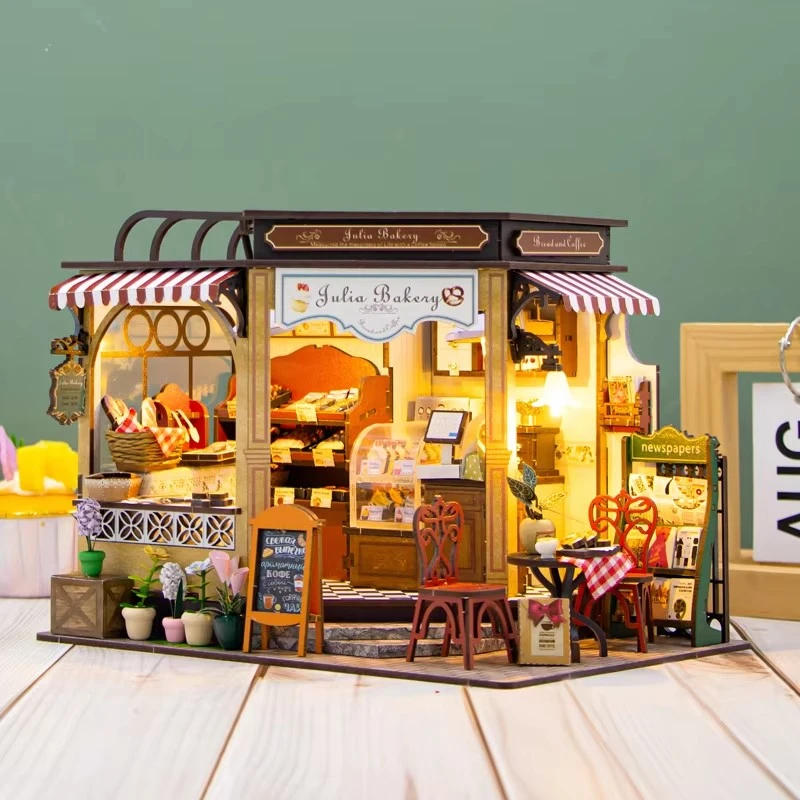 New Julie Bakery Cottage DIY Drevené domové figúrky Miniatúrne súprav