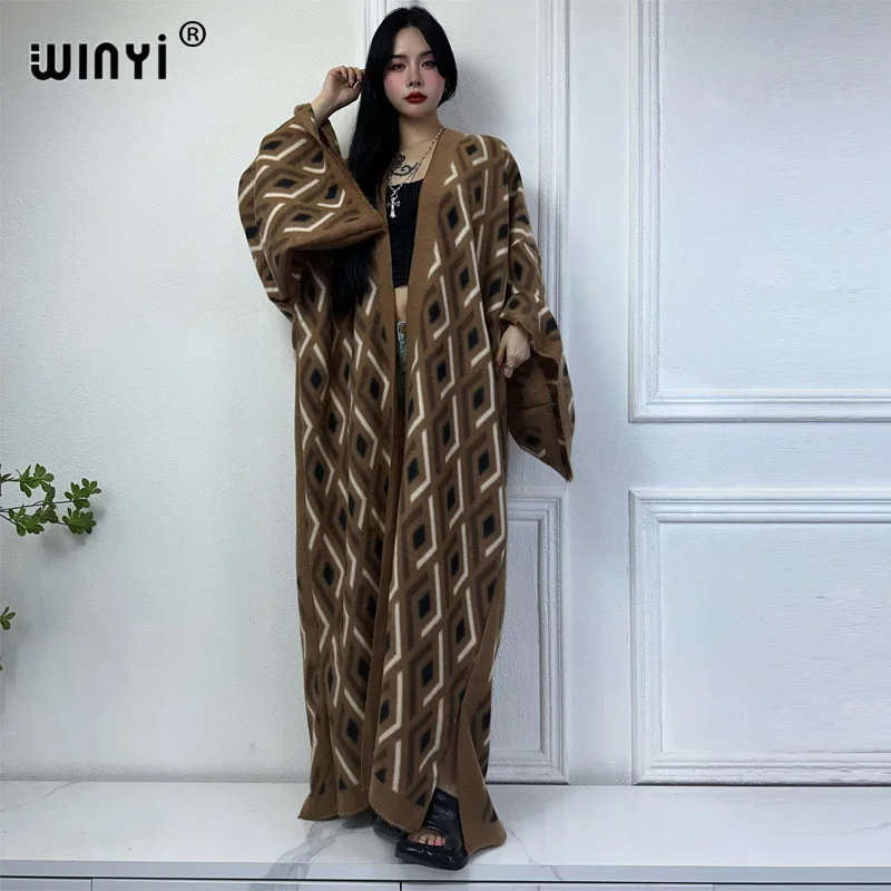 New Winyi Winter Cardigan Africa Kimono Women Geometric Print maxi kabát Hustý teplý srsť