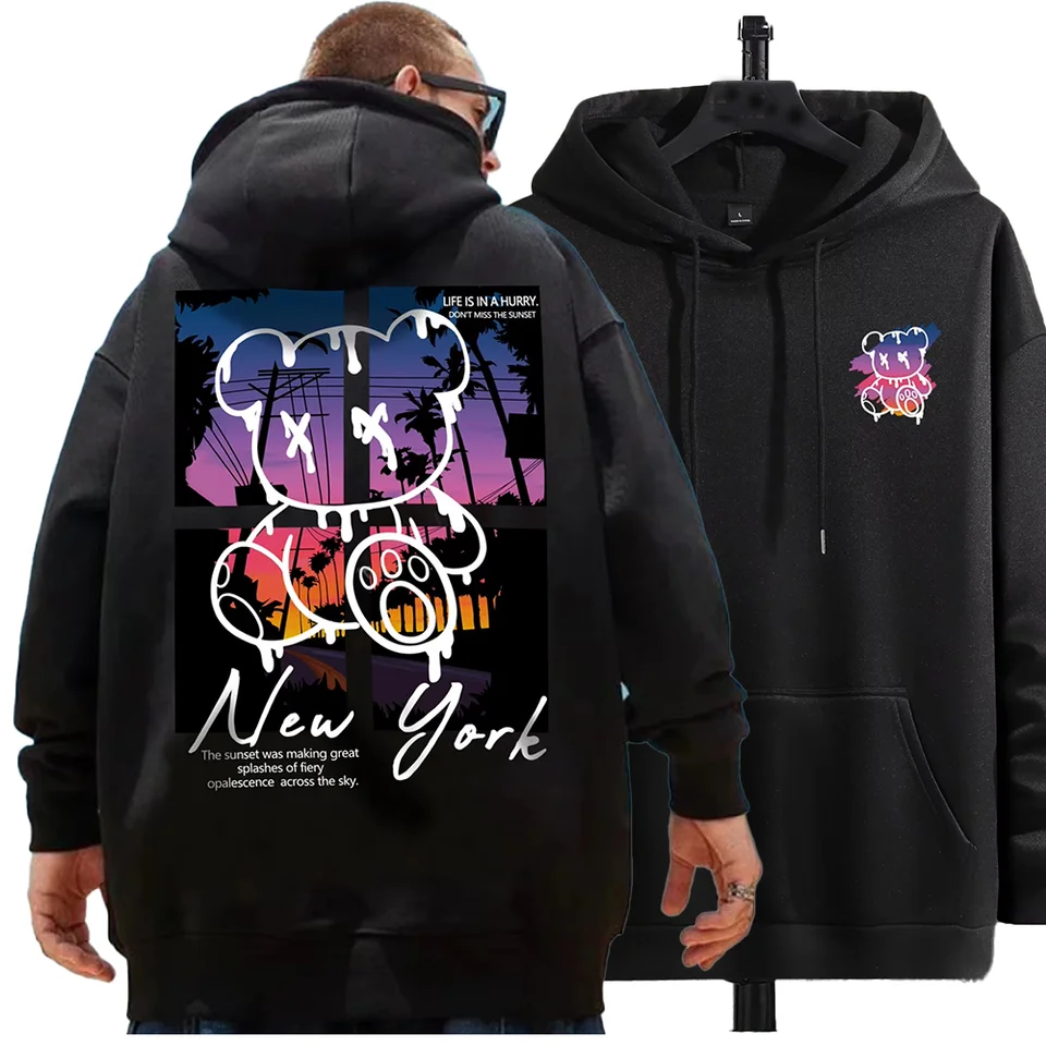 New York Art Word Cartoon Bear Sunset Cancers Design Mužské oblečenie Hip Hop Street Hoodies All-Match Pocket Pullovers Men Hoody