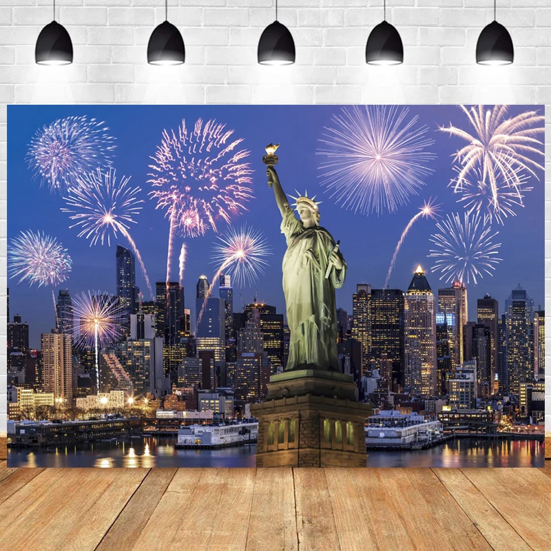 New York City Night Backdrop Manhattan Scéna mrakodrap Urban Building Fireworks Socha sochy Liberty Photography Zázemia rekvizity