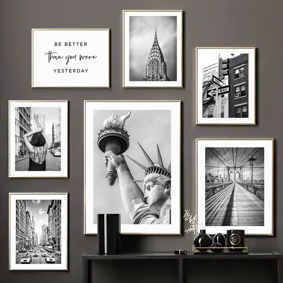 New York Socha Liberty Brooklyn Bridge Black White Home Decor Plagát a tlačové umenie Canvas maľba Obývacia izba Obývacia izba obrázky