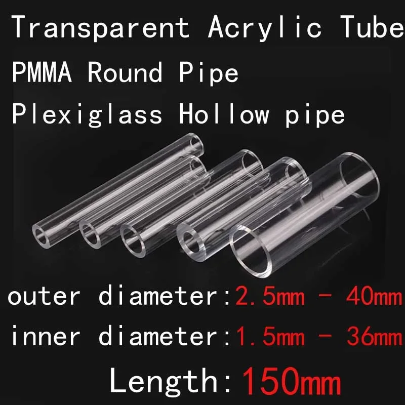 NEW1PCS 150 mm dĺžka 2,5 mm-40 mm OD 1,5 mm-36 mm ID priehľadná akrylová trubica PMMA PMMA ROUND RUP PLYNOSTA PLYBA PLAVNÉ RABY