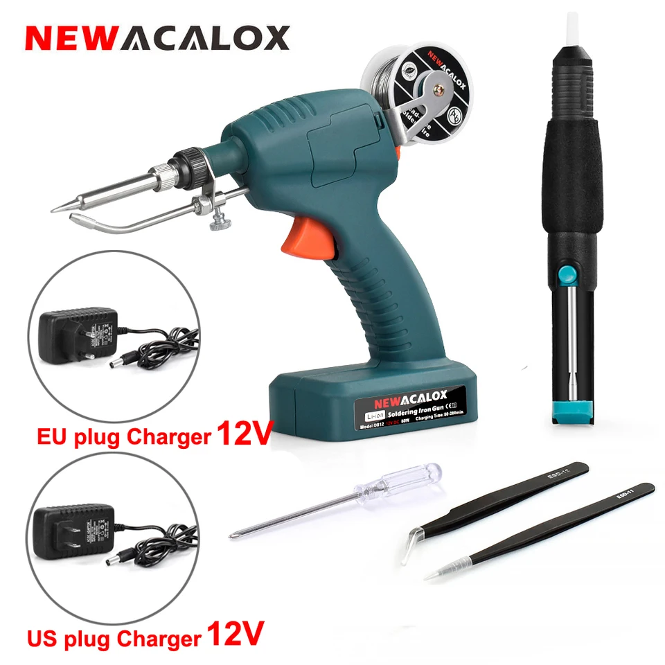 NEWACALOX 80W Nabíjateľná spájkovacia pištoľ bezdrôtové zváranie Automatické odosielanie plechovej pištole EU/US 12V Zváracia stanica PCB Nástroj na opravu PCB