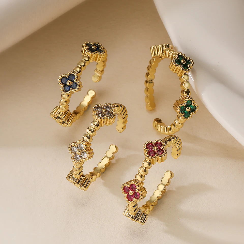 Newbuy 2024 Hot Sale Gold Color Open Design Rings Rings pre ženy modré/biele/zelené/červené Cz Zirkón Inlay Svadobné šperky