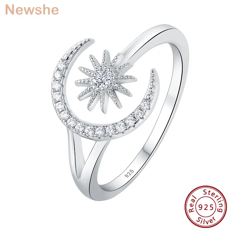 Newshe 925 Sterling Silver Rings for Women Moon and Star Cubic zirkon Roztomilé šperky výročie darček