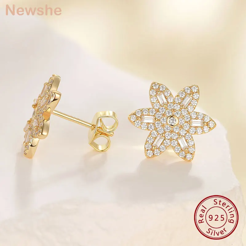 Newshe Solid 925 Sterling Silver 14k Gold Stub náušnice pre ženy kvetiny v tvare biele aaaaa cz romantické svadobné šperky