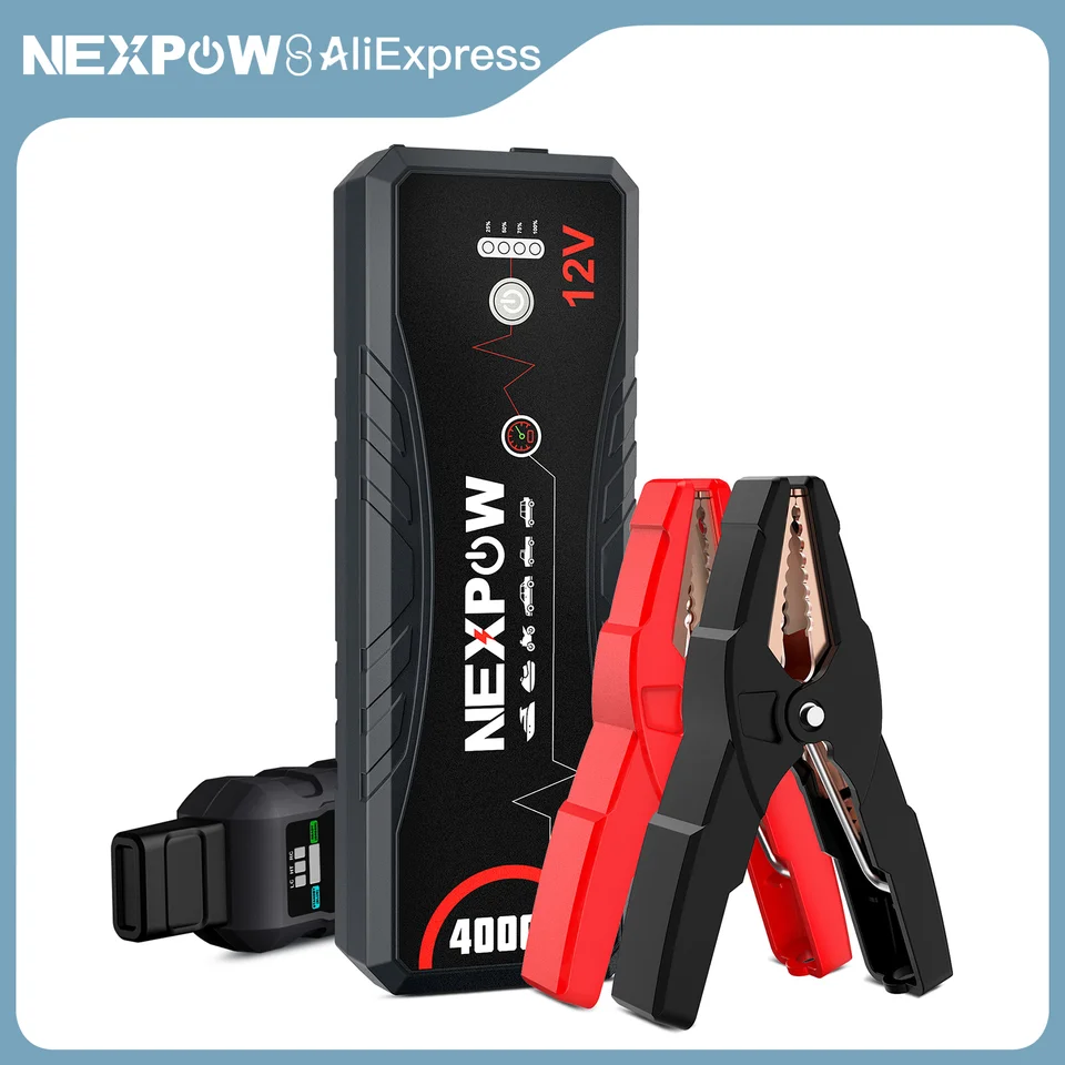 Nexpow 4000a prenosný skokový skokový štartovací banka, 12V pre všetky benzínové a 10,0L dieselové motory, s LED baterkou, USB a Jump Cable