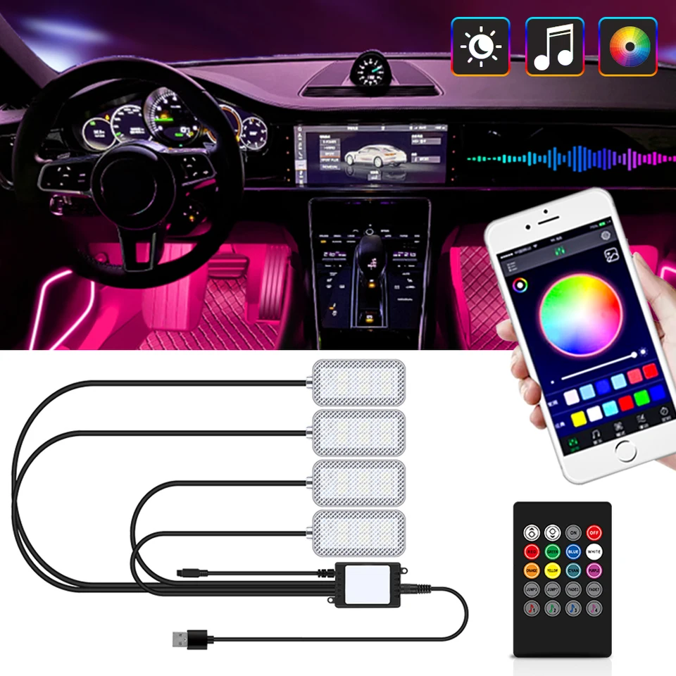 Neónové duálne ovládanie LED auto interiérové ​​okolité nohy svetlo s USB Wireless Remote Music App Control Automatické atmosféru dekoratívna lampa