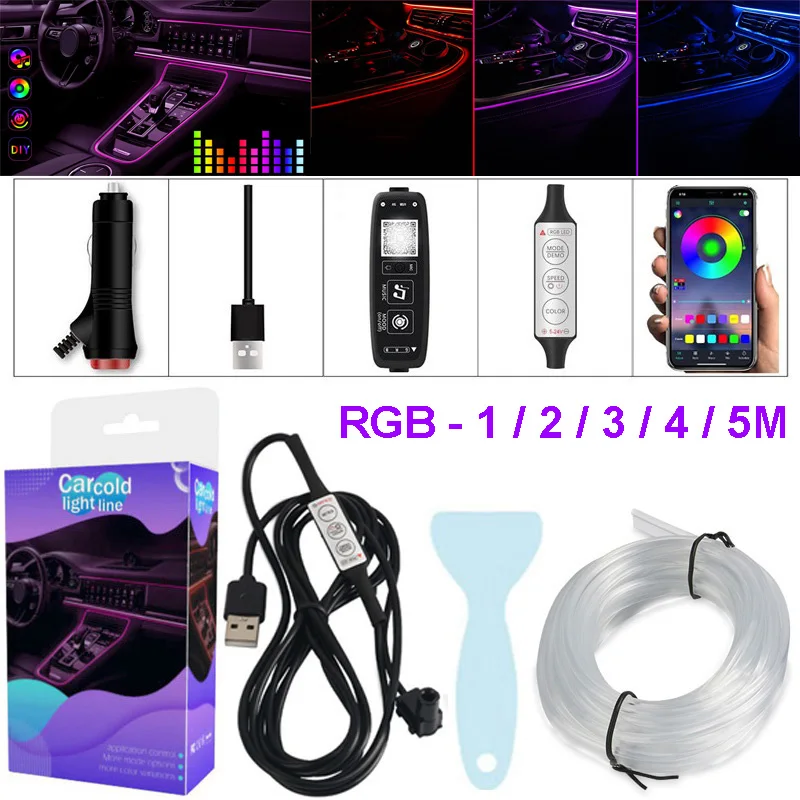 Neónové LED auto interiér okolité nohy Strip Svetlá súprava príslušenstvo podsvietenie Aplikácia Hudba Control Auto RGB Dekoratívne lampy 1-5M