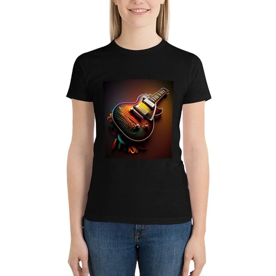 Neónové umenie Gibson Les Paul Guitar Tričko Dámske oblečenie Žena čierne tričká pre ženy