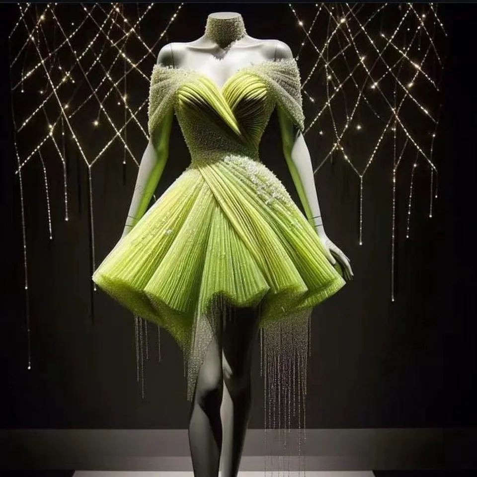 Neónové zelené plesové ramenné šaty krátke arabské dubajské šaty Mini flitre Tulle Prom šaty