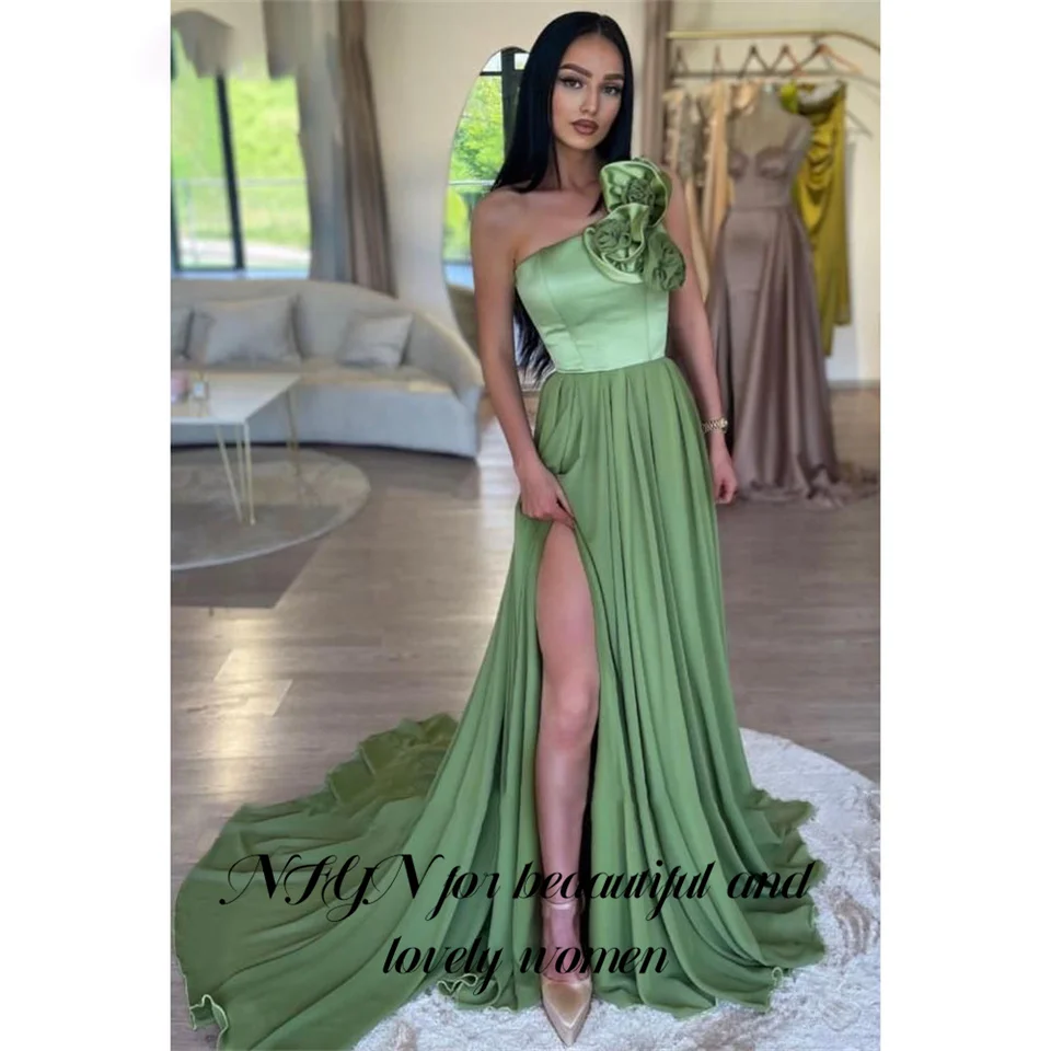 Nfyn Mint Green Chiffion Dámske večerné šaty One rameno nočné šaty pre ženy 3D kvetinové formálne šaty s štrbinou prispôsobené