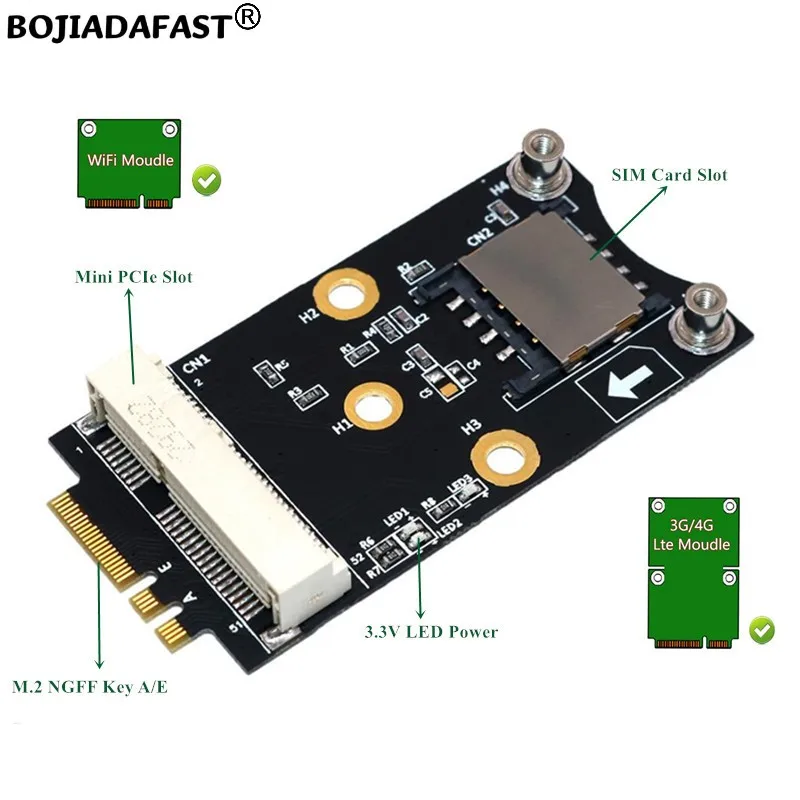 NGFF M.2 Kláves A+E až Mini PCI-E MPCIE Wireless Adapter s 1 slotom SIM karty pre 3G 4G LTE GSM Modem WiFi BT Modul