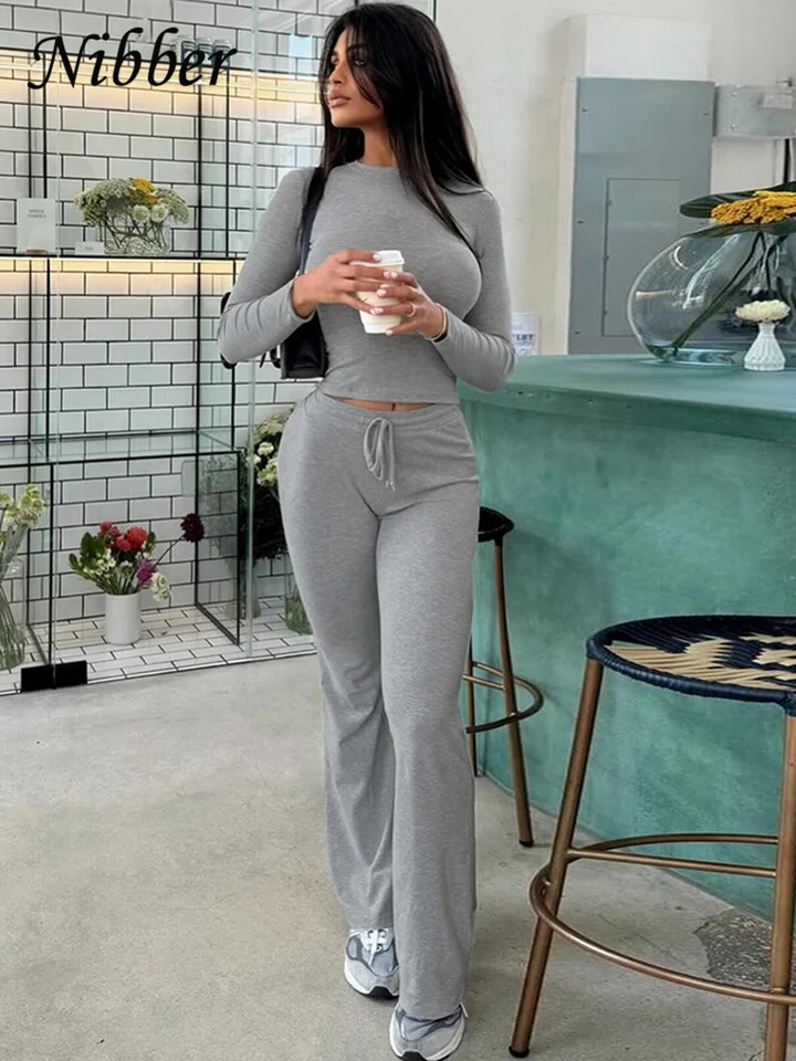 Nibber Casual Tracksuit Ženy 2 kusy set jesenné pevné tuhé športové vrcholy+svetlité nohavice zodpovedajúce elastickému oblečeniu na streetwear