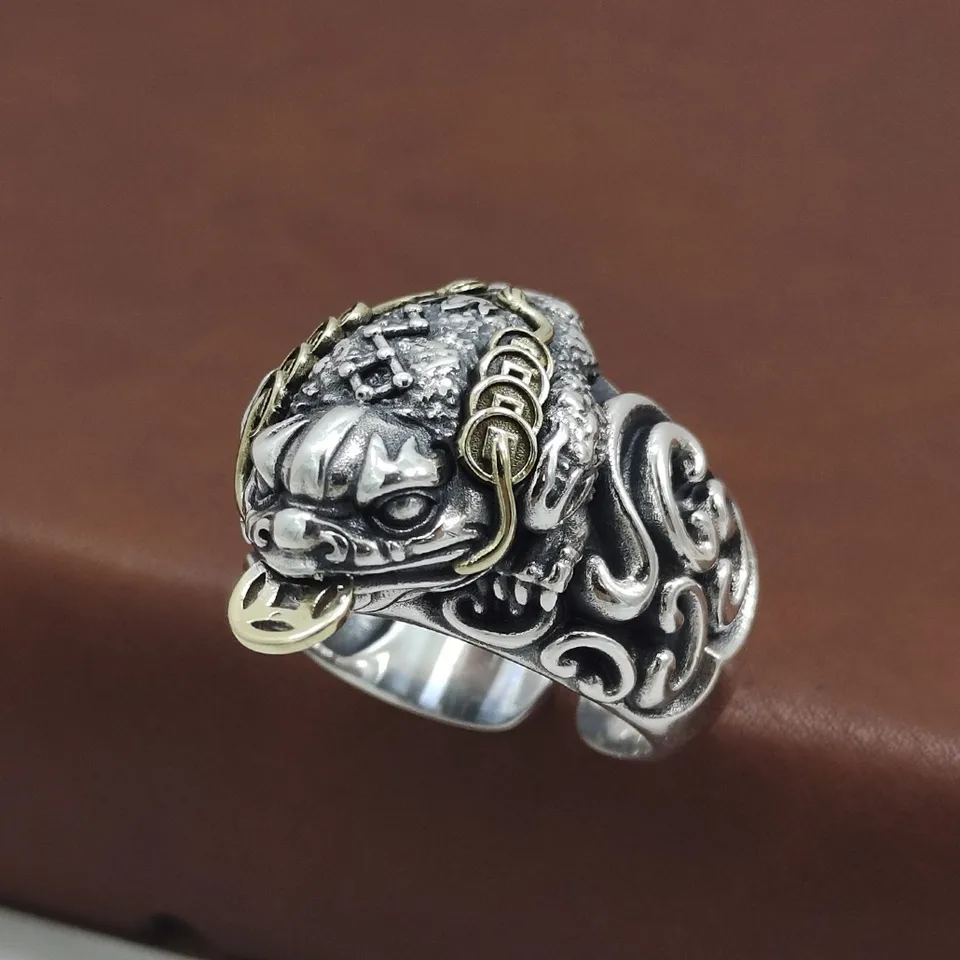 Niche v štýle dizajnStylish Gold Lasting Sterling Silver Retro Ring Pánske a dámske otvorené roztomilé zlaté ropucha Copper Coin Ring