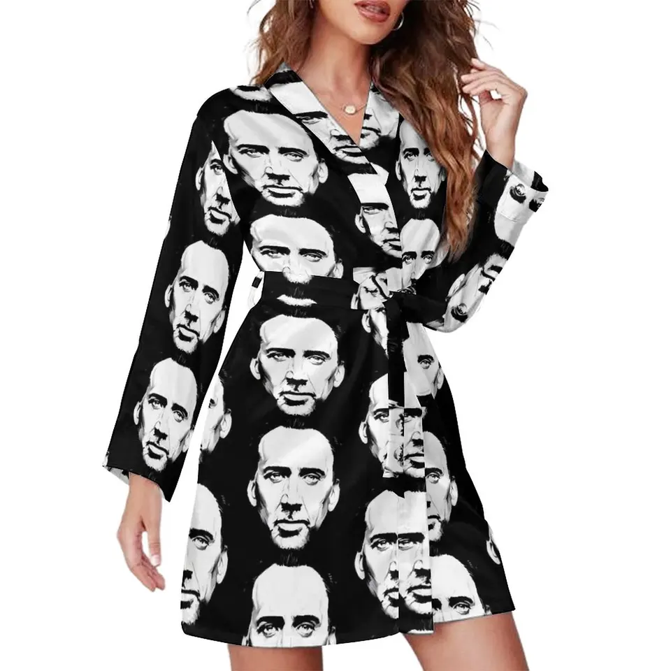 Nicolas Cage Portrét Pajama Robe Herec s dlhým rukávom Sexy pyžamá rúž Lady v krk domáce spánkové oblečenie jesenné šaty