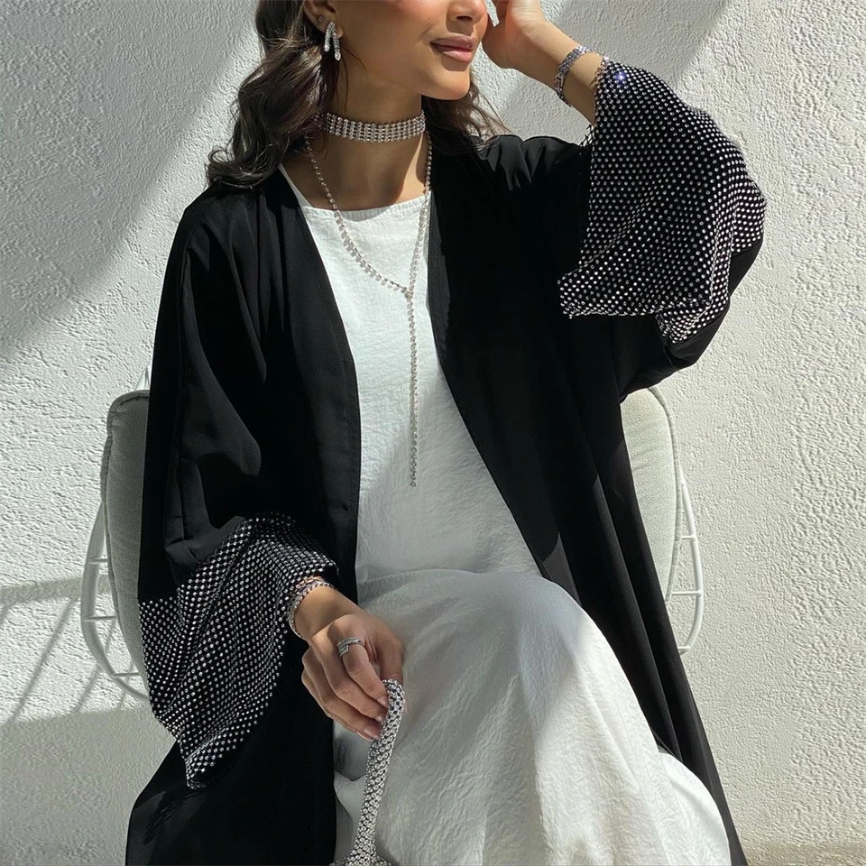 Nida Cardigan Diamond Abayas for Women Dubaj Turecko kaftan moslimské šaty Eid Ramadan Kimono Jalabiya Black Open Abaya Robe Caftan