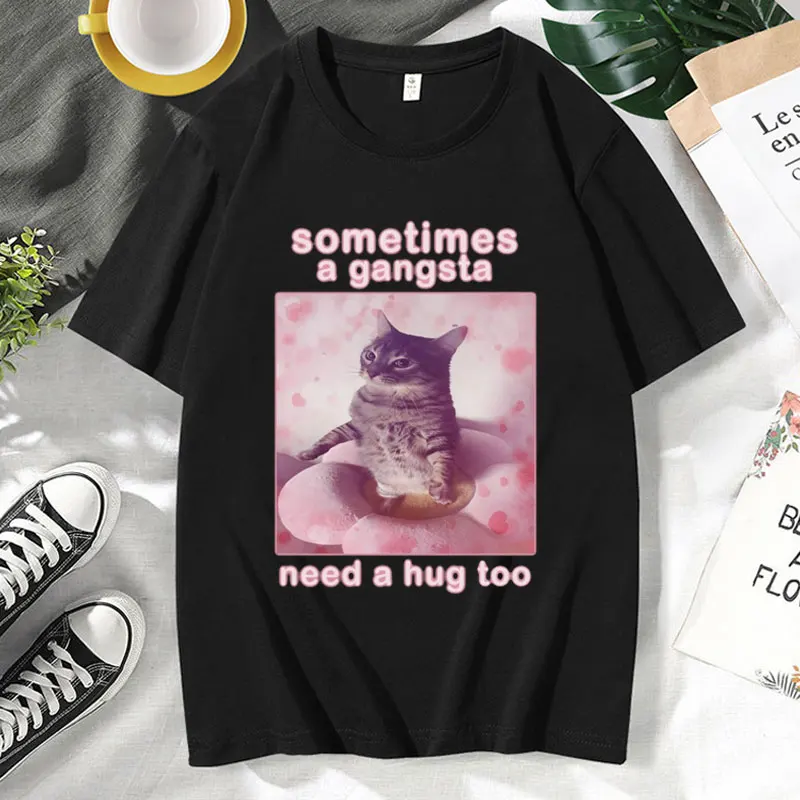 Niekedy gangsta potrebuje objatie príliš vtipné mačacie meme tričko Pánsky odev pre jej praštěný ahh tričko s nadmerným bavlneným odpaliskám