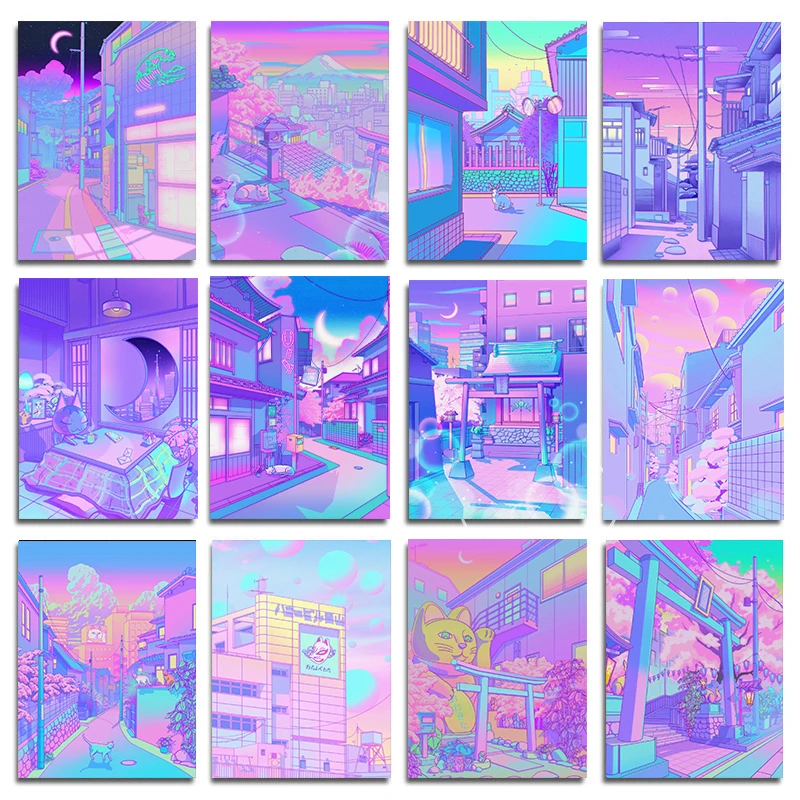Night Neon City Street Plagát estetika 80. rokov ilustrácia Fantasy mačka sóda anime nástenné umenie maľba maľba kawaii