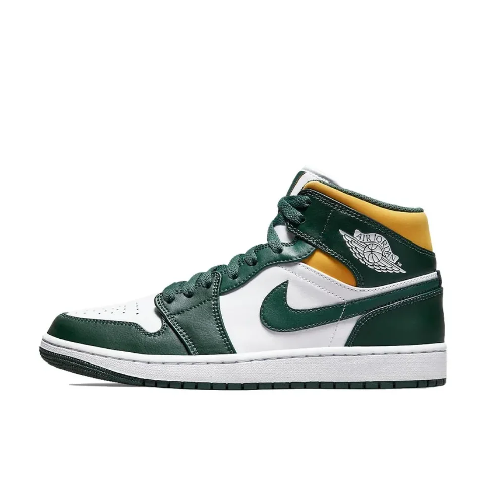 Nike Original Air Jordan 1 stredný módny a všestranný mužský a dámsky tenisky biela zelená a žltá farebná schéma