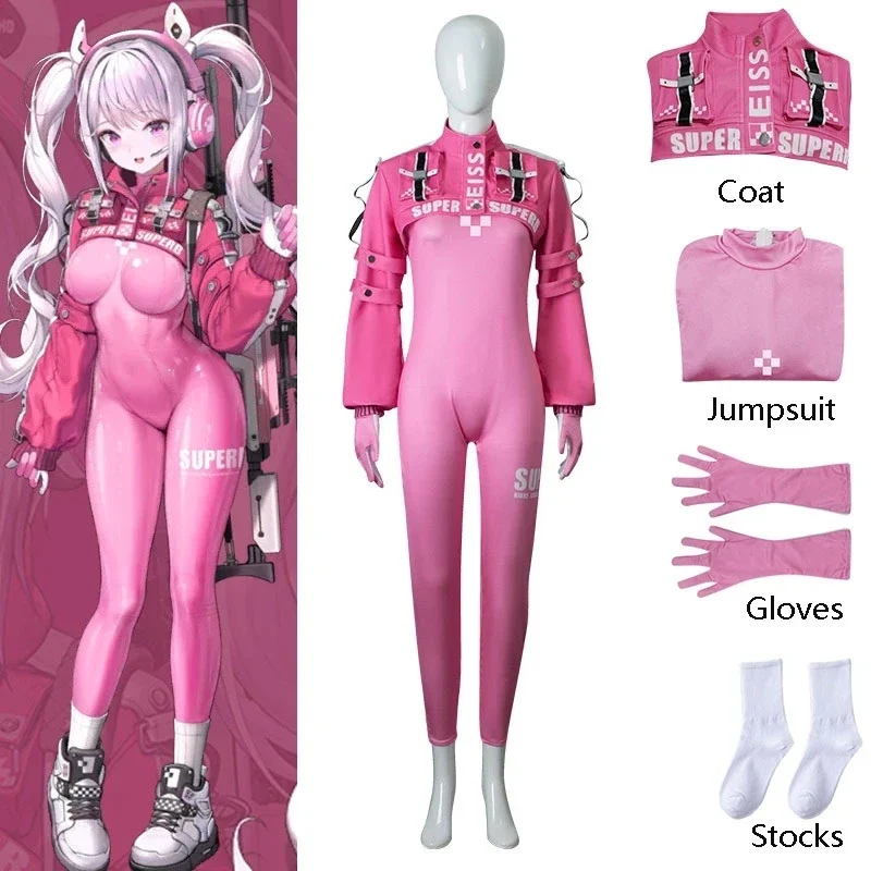 Nikke Alice Cosplay kostým, bohyňa víťaznej ženy, ružová krásna uniformná kombinéza bunda, kabát rukavice halloweenské oblečenie