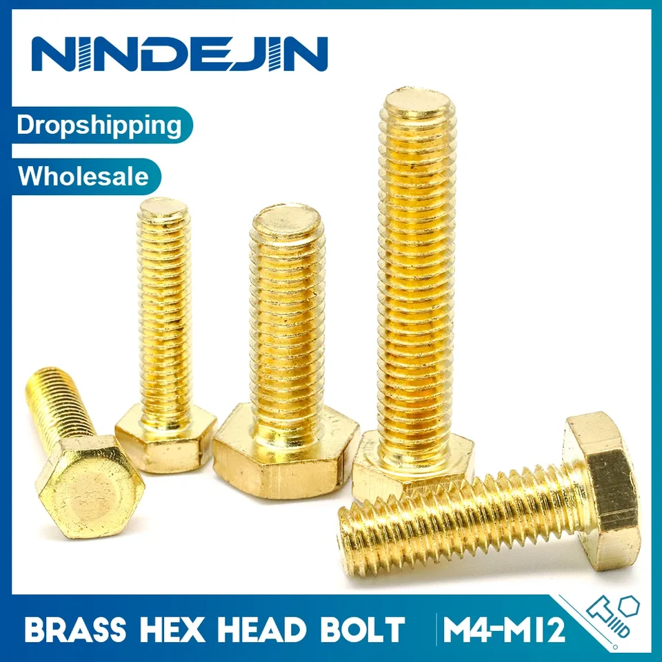 Nindejin 1-50ks mosadz externé šesťuholníky skrutky M4 M5 M8 M8 M10 M12 HEX HEX SCRETS Plné závitové skrutky HEXAGON HEXAGON