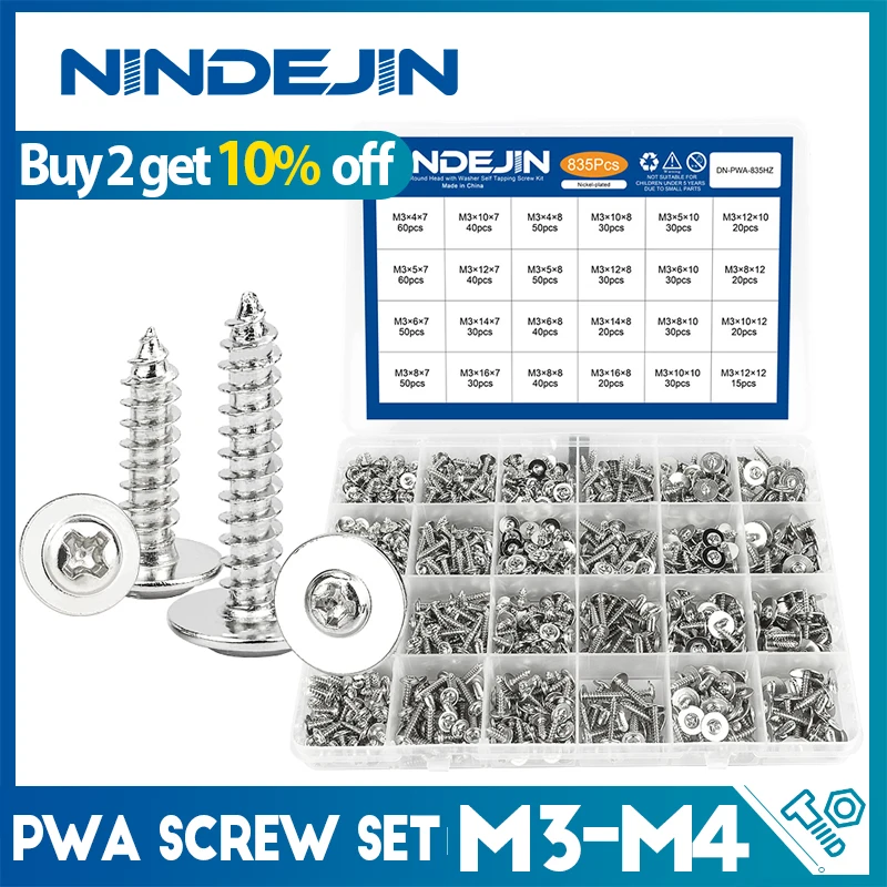 Nindejin Cross Recesse Round Washer Head Set Carbon Steel M3 M3.5 M4 PWA Phillips Self Tapping Scretment Sit
