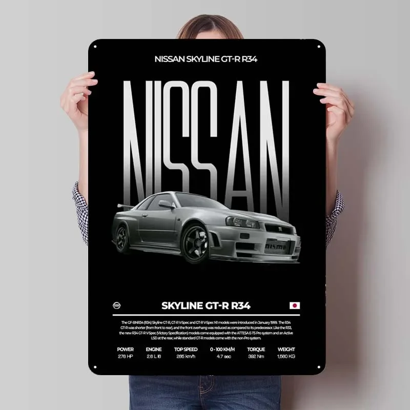 Nissan Skyline GTR R34 Tinkplate Znaky klasické auto plagáty dekorácie Muž Cave Cave Znak pre garážové nástenné umenie Domov