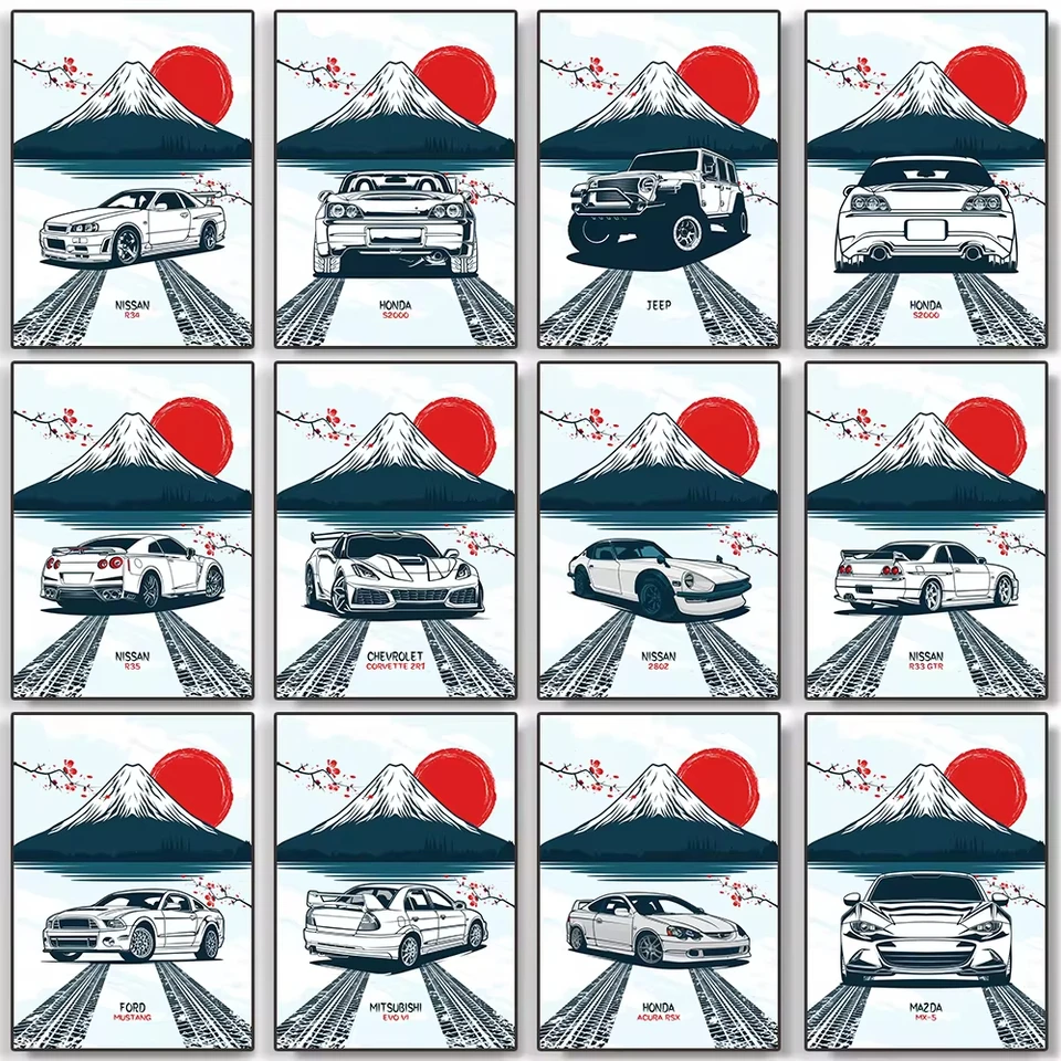 Nissan Skyline JDM Auto a Fuji Mountain Red Sun Canvas Painting Japan Japan Racing Classic Home Decor Vintage Wall Art Pictures