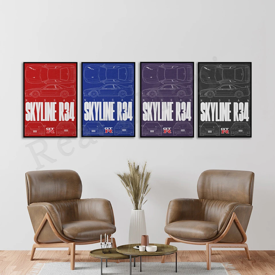 Nissan Skyline R34 GT-R JDM, Red, Black, Midnight Purple, Blue Bay Blue Blueprint Art Plagát, darček pre milovníkov automobilov