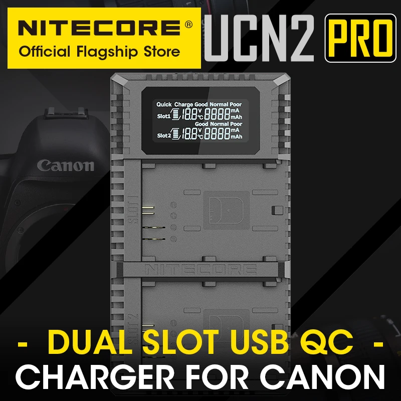 NITECORE UCN2 Pro Camera nabíjačka na nabíjačku digitálneho nabíjania USB QC Rýchly nabíjanie Duálny slot pre Canon LP-E6N EOS R5 R6 RA 60D 70D 5DS 90D 5D