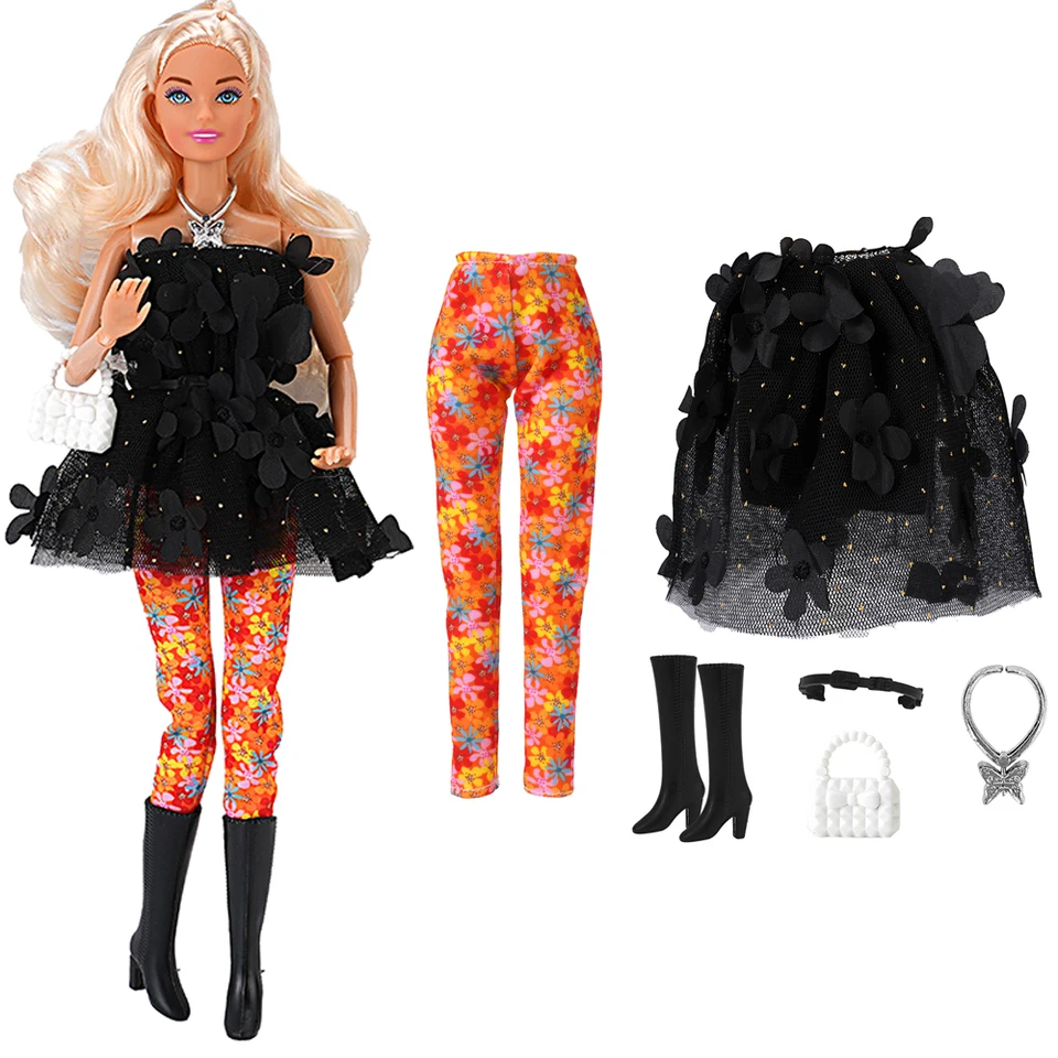 NK 1 nastavte oblečenie pre Barbie a doplnky ： Čierne kvetinové malé šaty + ozdobné doplnky pre bábiky pre Barbie